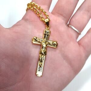 18k Plated Cross Necklace Gold Crucifix Catholic Christian Christmas Birthday